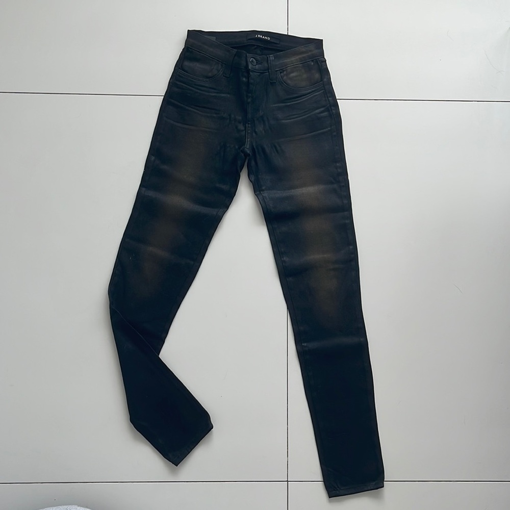 J brand black leather coated jeans with good shimmer super cute for a night out